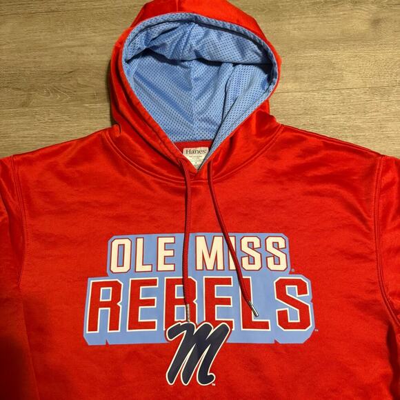 Ole Miss Rebels Hoodie Red Hanes Medium NCAA Football Pullover Sweatshirt - Picture 2 of 9